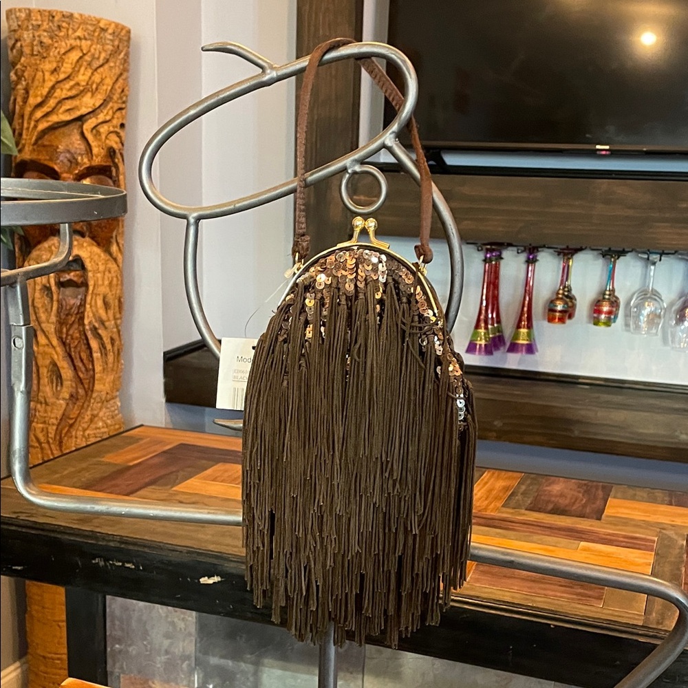 Nicole Lee Brown Fringe Sequin Mini Bag